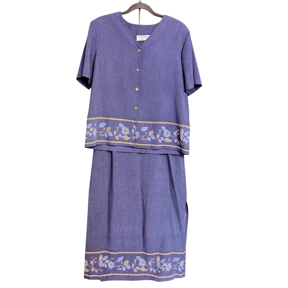 Vtg Alfred Dunner Blue Denim look Floral Embroidered blouse Skirt Set Size 14/16